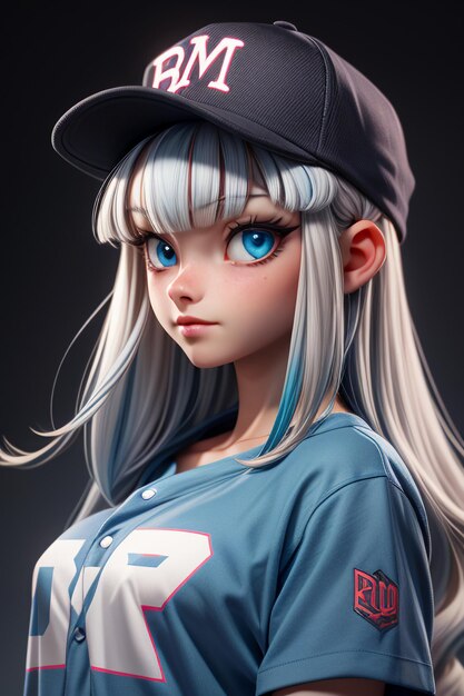 Pretty cartoon girl with blue big eyes wearing a hat and short sleeve t shirt anime character cool