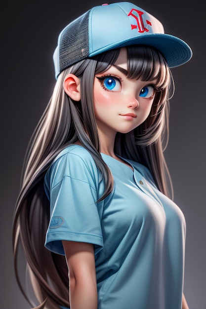 Pretty cartoon girl with blue big eyes wearing a hat and short sleeve t shirt anime character cool