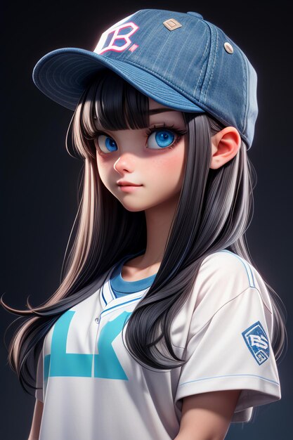 Pretty cartoon girl with blue big eyes wearing a hat and short sleeve t shirt anime character cool