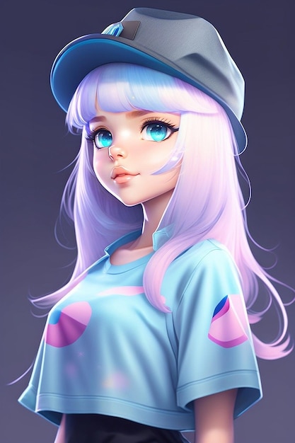 Pretty cartoon girl with blue big eyes wearing a hat and short sleeve tshirt anime character coolSchoolgirl Cartoon