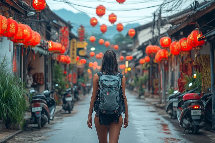 Photo pretty caucasian female traveller with backpack walking in old city in chiang mai northern thailand