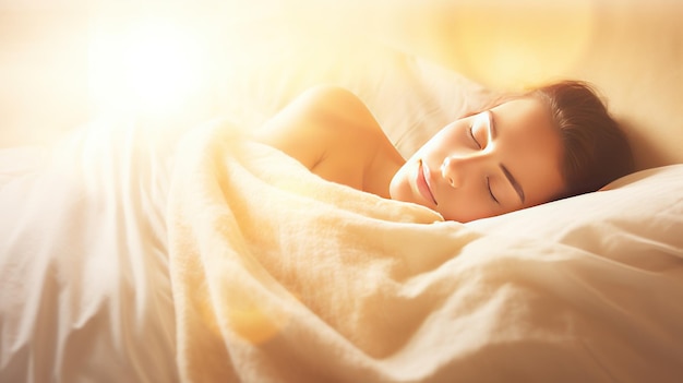 Красивая белая женщина спокойно спит под одеялом на мягкой постели дома вблизи