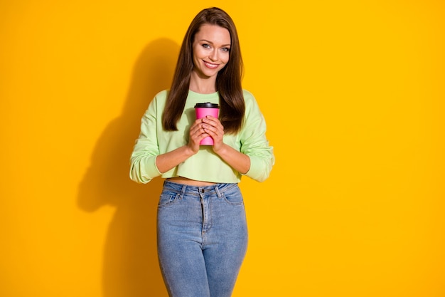 pretty charming lady drink takeout coffee smile