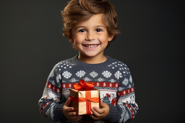 Pretty child in winter sweater holding christmas gift