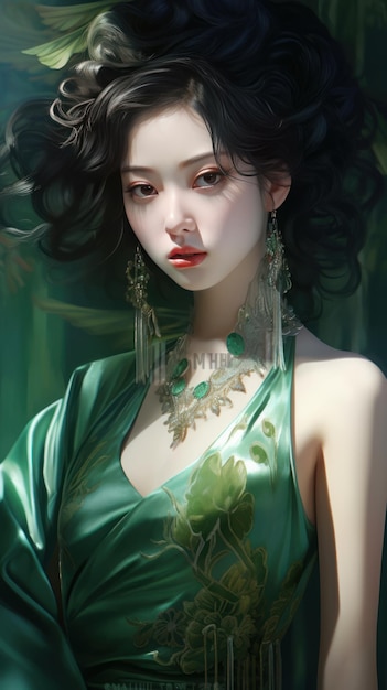 Pretty chinese woman in green outfits generative AI