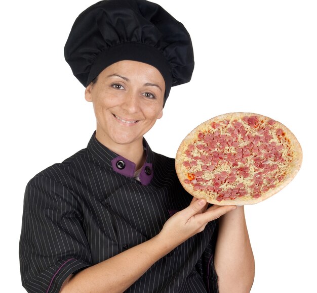 Pretty cook woman with ham pizza