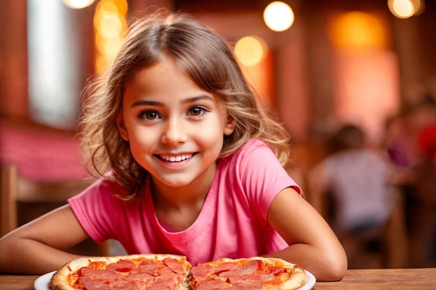 イタリアンレストランでピザを食べている可愛い ⁇ 巻きの金 ⁇ の女の子