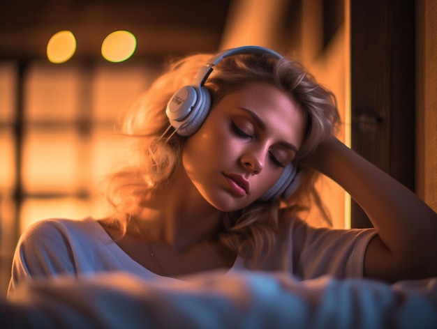 Pretty cute girl sleeping on bed with headphones