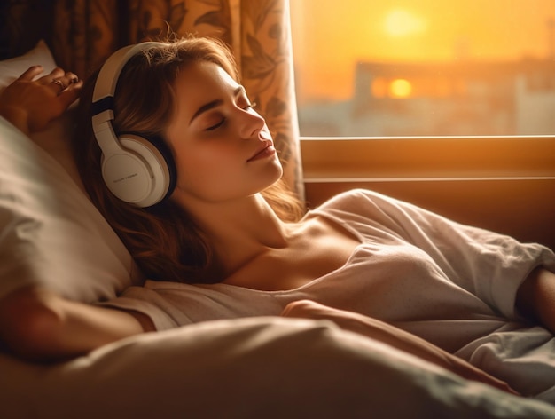 Photo pretty cute girl sleeping on bed with headphones