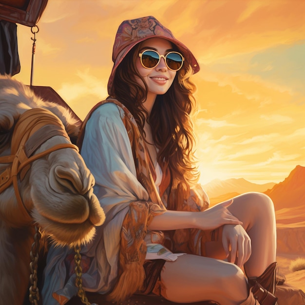 A pretty and cute lady wearing a sun cap and sunglasses