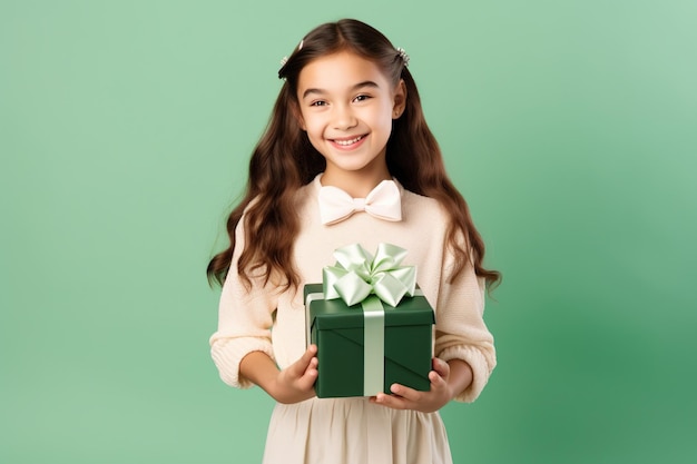 Pretty cute positive girl receive gift celebrate birthday party isolated on green color background