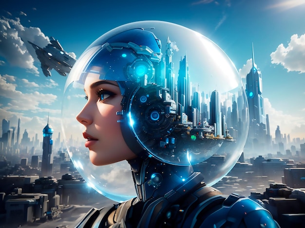 Photo pretty cyborg woman with a futuristic city reflexion on her head