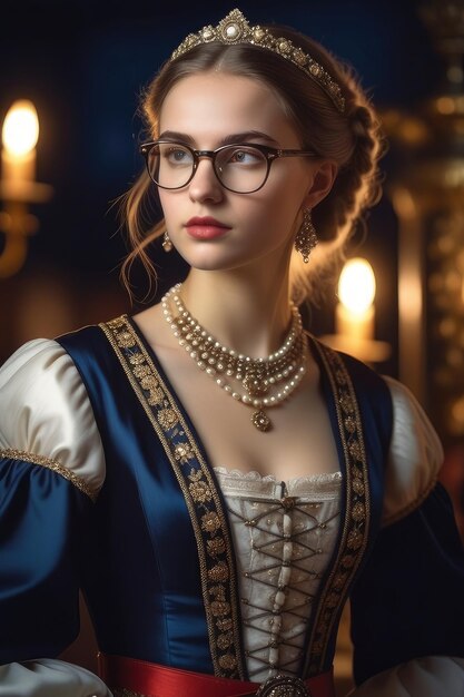 Photo a pretty european girl in an ancient clothes and glasses