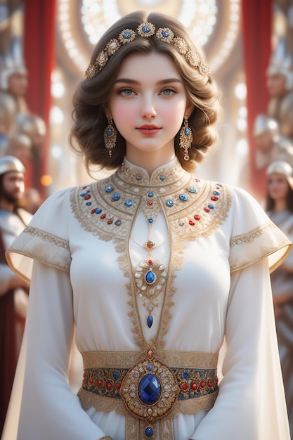 A pretty European girl in fantasy clothes like a goddness