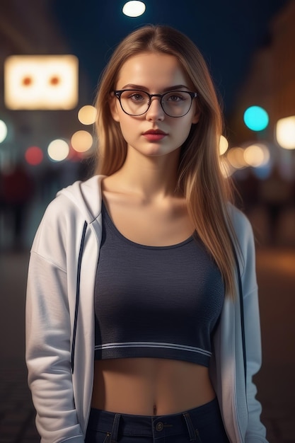 Красивая европейская девушка носит спортивную одежду и очки.
