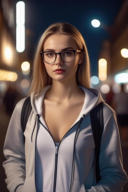 A pretty European girl is wearing sportswear and glasses