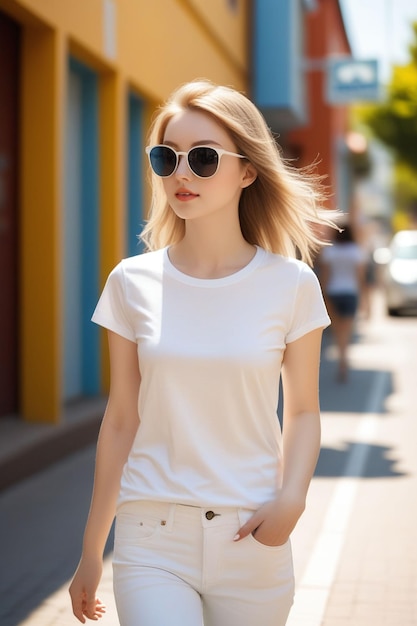 A pretty european girl in shirt and jean pants sunglasses is standing on the sunny street