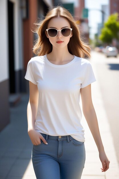 A pretty european girl in shirt and jean pants sunglasses is standing on the sunny street