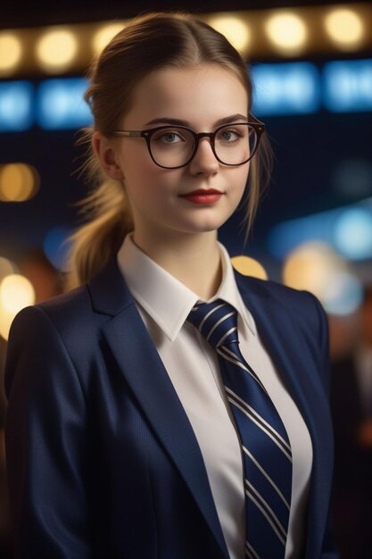 A pretty European girl in a suit and glasses on the night background