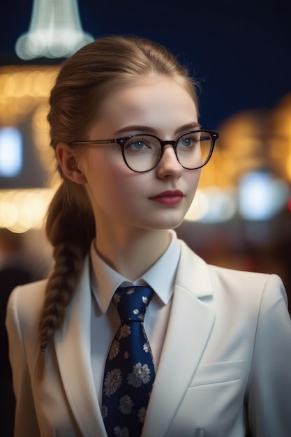 Premium Photo | A pretty European girl in a suit and glasses on a night ...