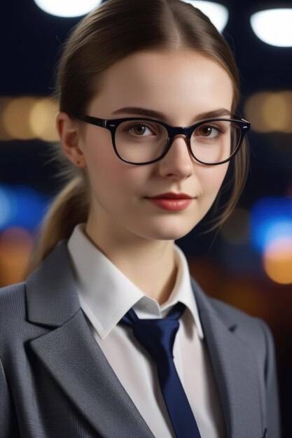 A pretty European girl in a suit and glasses on a night background