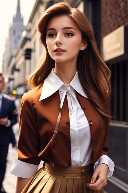 A pretty European girl waring fashion blouse and skirt