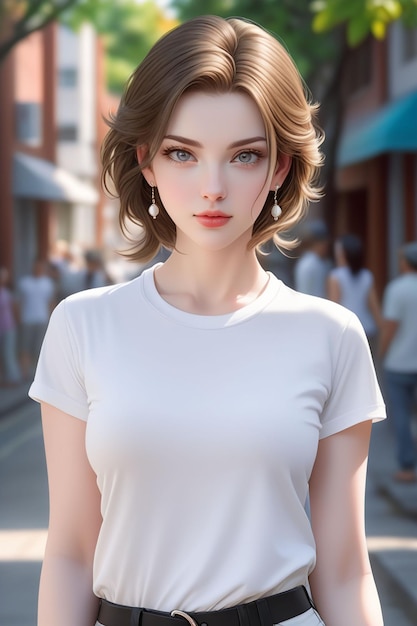 白いシャツを着た美しいヨーロッパの女の子が漫画のスタイルで晴れた通りに立っています