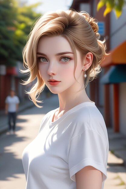 A pretty European girl in white shirt is standing on the sunny street in cartoon style