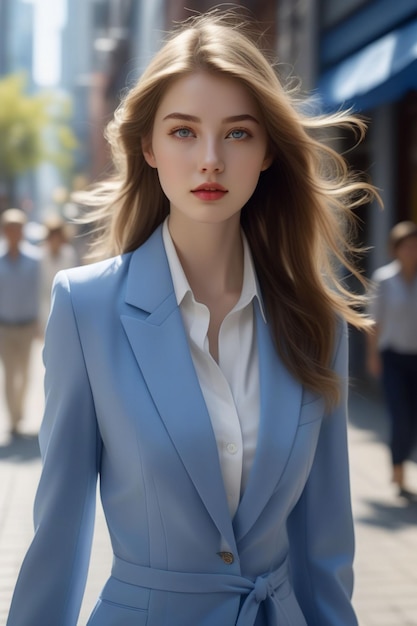 A pretty European lady in blue suit is standing on the sunny street