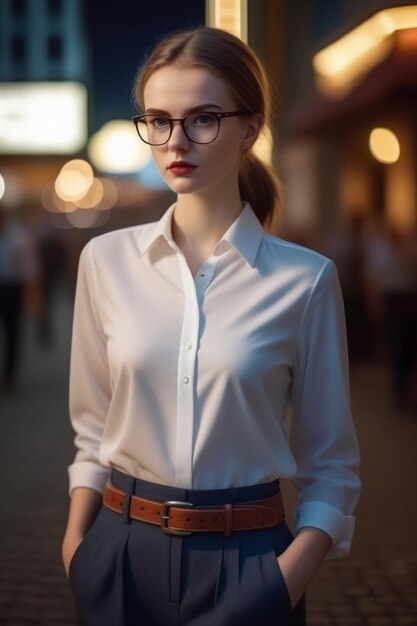 Photo a pretty european lady in shirt pants and glasses on a night background