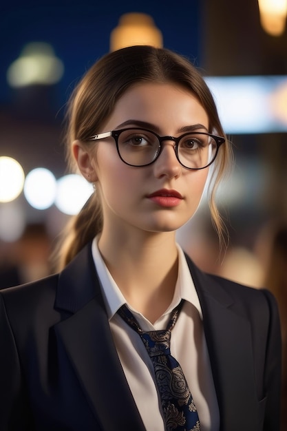 A pretty European lady in suit is standing on street at night