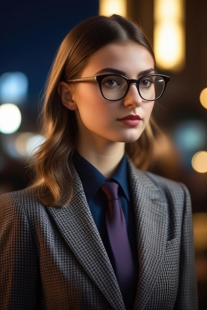 A pretty European lady in suit is standing on street at night