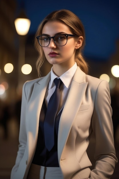 A pretty European lady in suit is standing on street at night