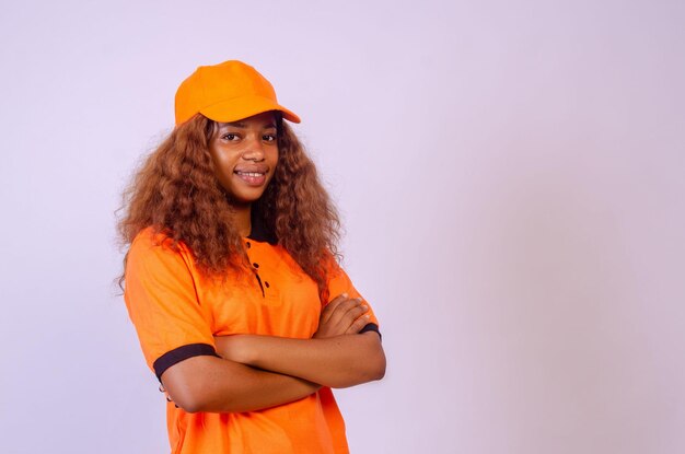 Pretty excited woman happy smile young attractive girl portrait stand folded hands wear shirt looking at camera toothy smiling isolated over white background