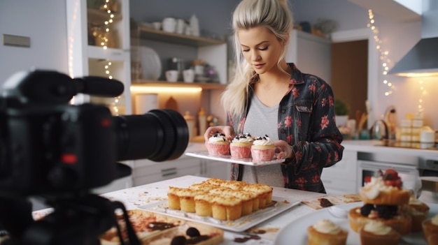 예쁜 여성 음식 블로거가 새 비디오를 작업하고 요리 방법을 설명하고 있습니다.