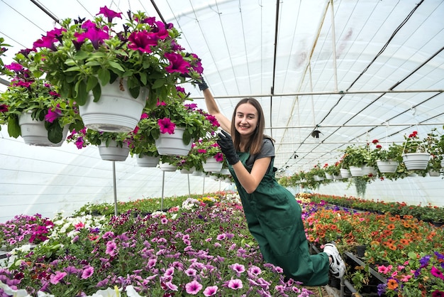 Pretty female nursery working with  flowers in the beautiful bright  greenhouse. springtime