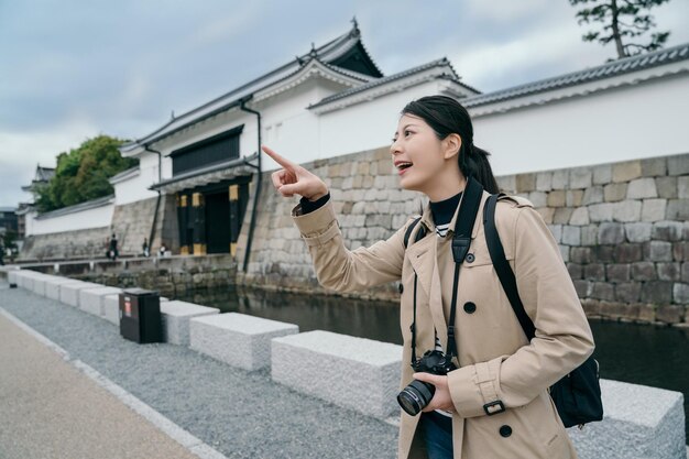 Pretty female photographer standing outside the temple and\
pointing to the sky. girl on summer vacation visiting famous\
tourist destination having fun smiling in kyoto. travel jp\
concept.