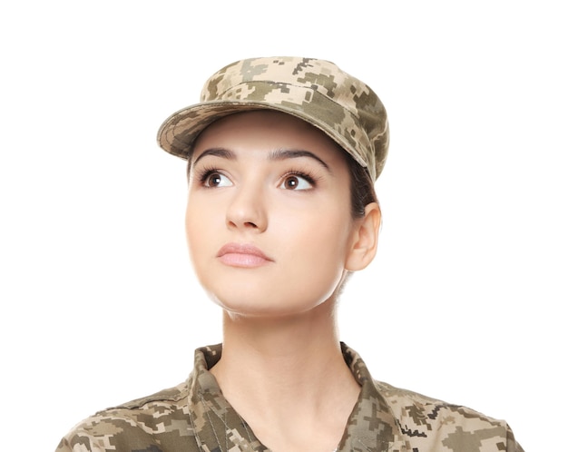 Pretty female soldier on white background