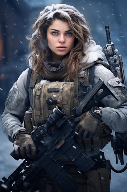 A pretty female soldier with a haircut wearing winter camouflage military uniform in the snow