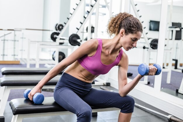 Pretty fit woman lifting blue dumbbell sitting on bench at the gym