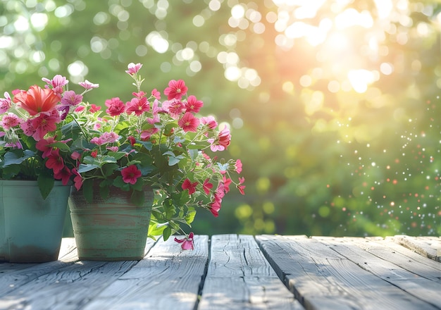 Pretty flower pots on a wooden deck