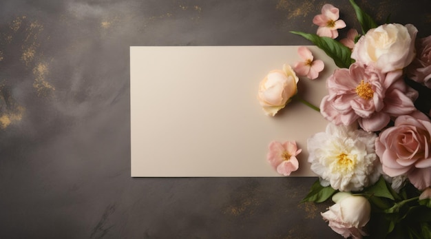 pretty flowers on concrete table with blank card