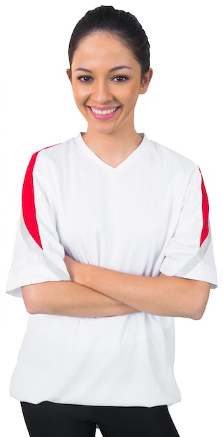 Photo pretty football fan in white smiling