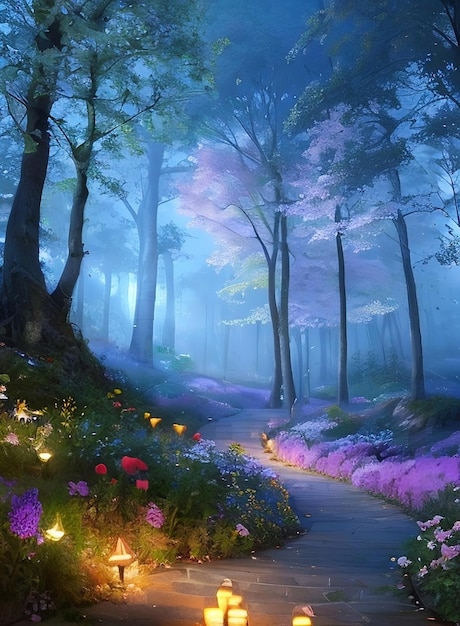 Photo pretty forest at night little lantern