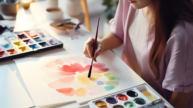 Pretty girl artist painting with paintbrush