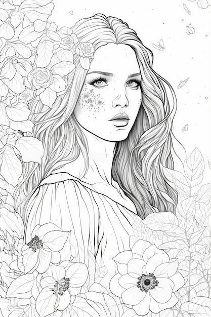 A pretty girl among the beautiful flowers coloring book generative AI