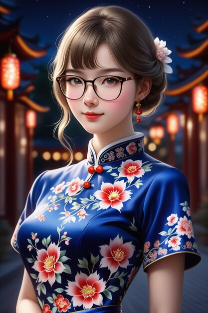 Photo a pretty girl in a cheongsam and glasses at night in cartoon stye