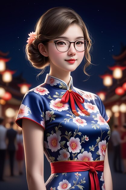 A pretty girl in a cheongsam and glasses at night in cartoon stye