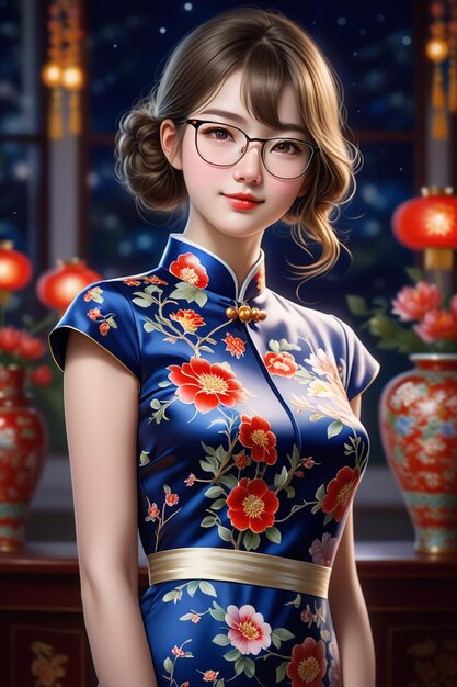 Photo a pretty girl in a cheongsam and glasses at night in cartoon stye