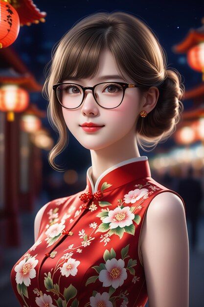 A pretty girl in a cheongsam and glasses at night in cartoon stye